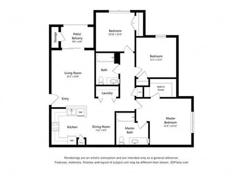 Floor plan for 3 beds, 2 baths, 1181 sqft